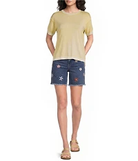 Charlie B. Stretch Denim Embroidered Mid Rise Shorts