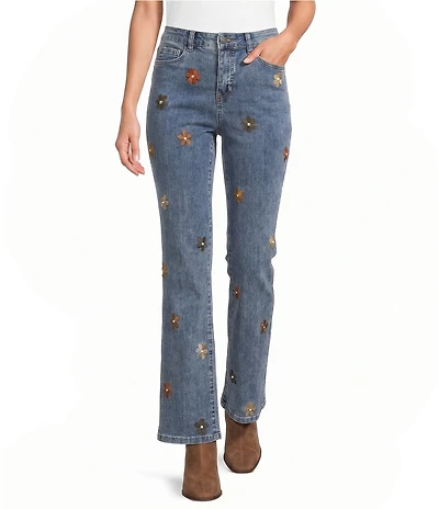 Charlie B. Stretch Denim Floral Embroidered Straight Leg Ankle Jeans