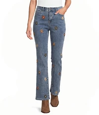 Charlie B. Stretch Denim Floral Embroidered Straight Leg Ankle Jeans
