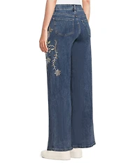 Charlie B. Stretch Denim Mid Rise Floral Embroidered Wide Leg Jeans