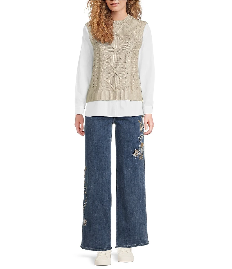 Charlie B. Stretch Denim Mid Rise Floral Embroidered Wide Leg Jeans