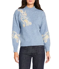Charlie B. Stretch Knit Floral Print Sequin Embroidery Mock Neck Long Sleeve Sweater