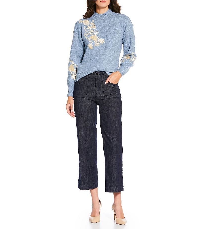 Charlie B. Stretch Knit Floral Print Sequin Embroidery Mock Neck Long Sleeve Sweater