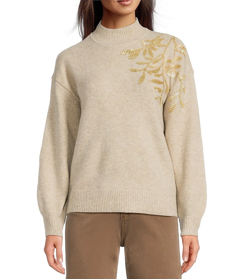 Charlie B. Stretch Knit Floral Print Sequin Embroidery Ribbed Mock Neck Long Sleeve Sweater