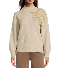 Charlie B. Stretch Knit Floral Print Sequin Embroidery Ribbed Mock Neck Long Sleeve Sweater