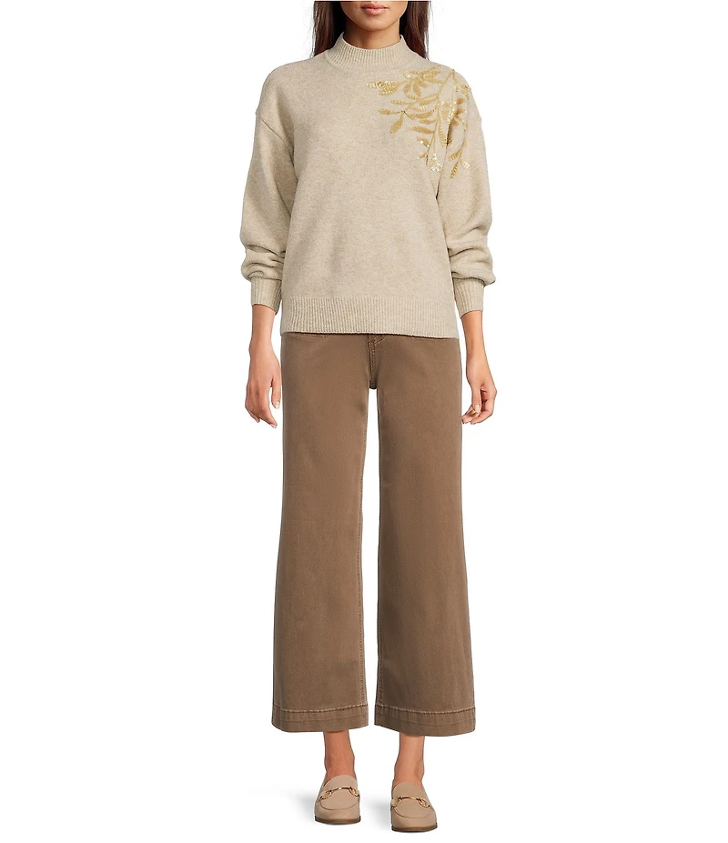 Charlie B. Stretch Knit Floral Print Sequin Embroidery Ribbed Mock Neck Long Sleeve Sweater