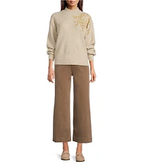 Charlie B. Stretch Knit Floral Print Sequin Embroidery Ribbed Mock Neck Long Sleeve Sweater