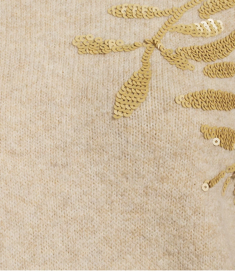 Charlie B. Stretch Knit Floral Print Sequin Embroidery Ribbed Mock Neck Long Sleeve Sweater