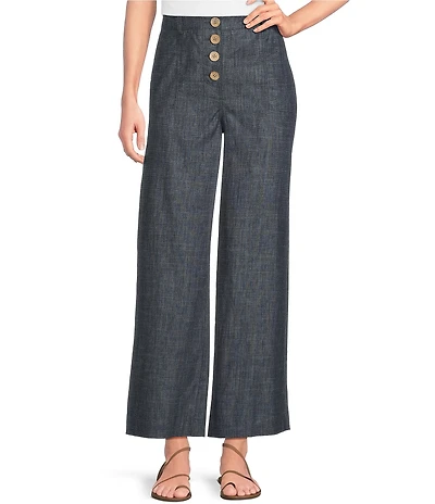 Charlie B. Stretch Linen Wide Leg Button Front Cropped Pants