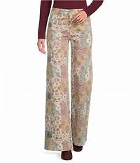 Charlie B. Stretch Twill Abstract Quilt Print Mid Rise Wide Leg Pants