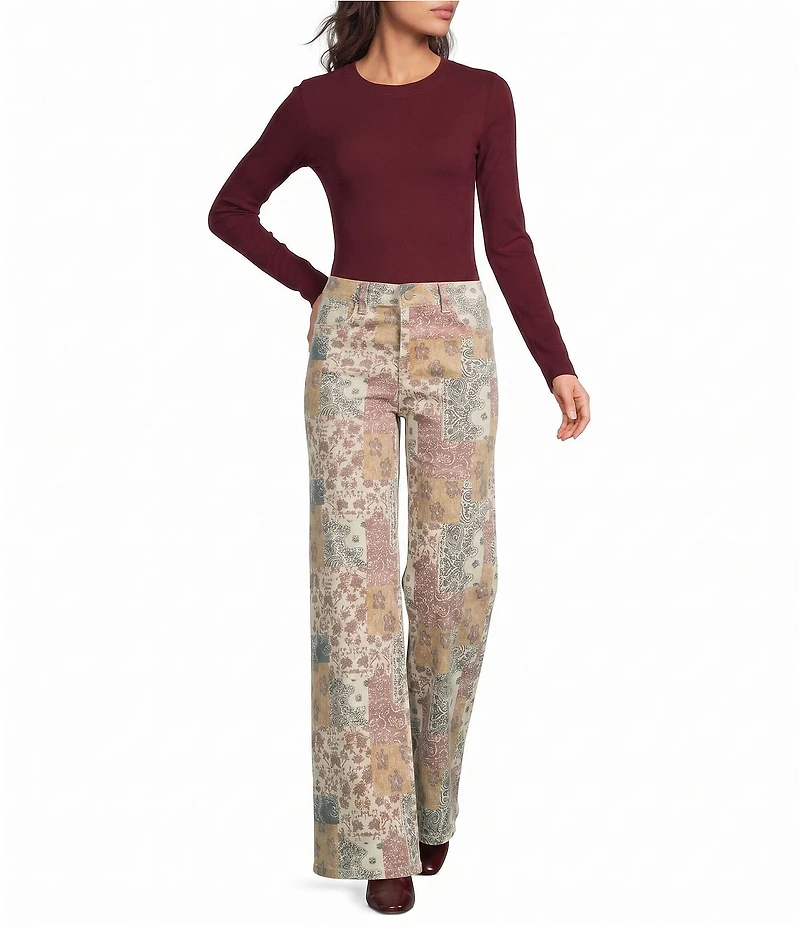 Charlie B. Stretch Twill Abstract Quilt Print Mid Rise Wide Leg Pants
