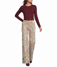 Charlie B. Stretch Twill Abstract Quilt Print Mid Rise Wide Leg Pants