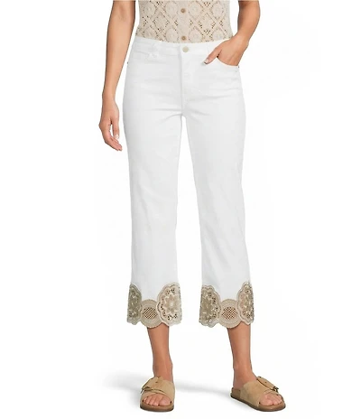 Charlie B. Stretch Twill Laser Cut Lace Hem Cropped Flare Jeans