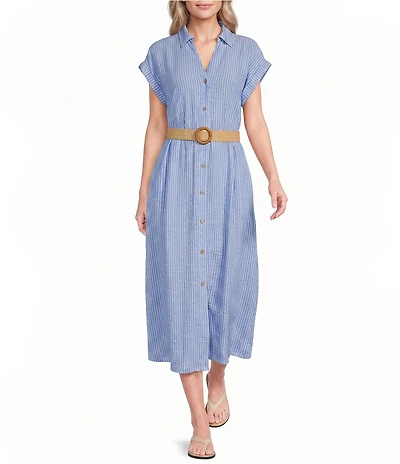 Charlie B. Striped Spread Collar Short Sleeve Midi Shirt Dress