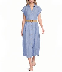 Charlie B. Striped Spread Collar Short Sleeve Midi Shirt Dress