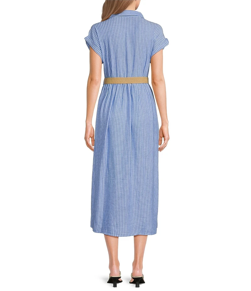 Charlie B. Striped Spread Collar Short Sleeve Midi Shirt Dress