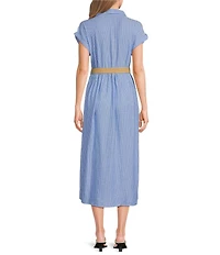 Charlie B. Striped Spread Collar Short Sleeve Midi Shirt Dress