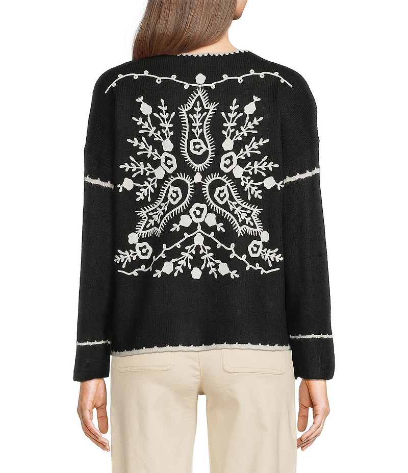 Charlie B. V-Neck Long Sleeves Embroidered Ribbed Sweater