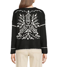 Charlie B. V-Neck Long Sleeves Embroidered Ribbed Sweater