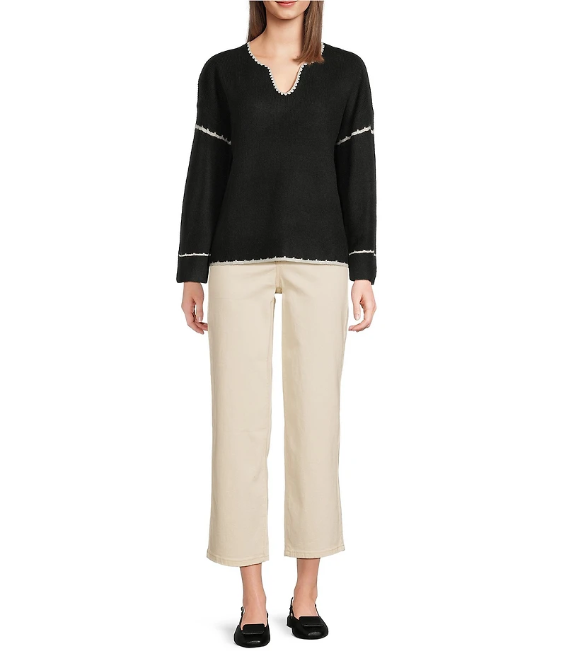 Charlie B. V-Neck Long Sleeves Embroidered Ribbed Sweater