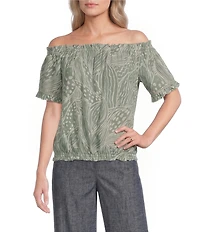 Charlie B. Woven Abstract Floral Print Off-The-Shoulder Short Sleeve Blouse