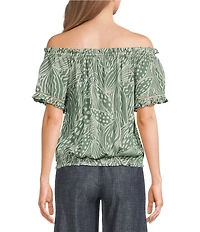 Charlie B. Woven Abstract Floral Print Off-The-Shoulder Short Sleeve Blouse
