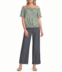 Charlie B. Woven Abstract Floral Print Off-The-Shoulder Short Sleeve Blouse