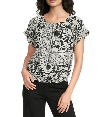 Charlie B. Woven Abstract Floral Print Off-The-Shoulder Short Sleeve Blouse