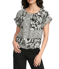 Charlie B. Woven Abstract Floral Print Off-The-Shoulder Short Sleeve Blouse