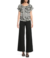 Charlie B. Woven Abstract Floral Print Off-The-Shoulder Short Sleeve Blouse