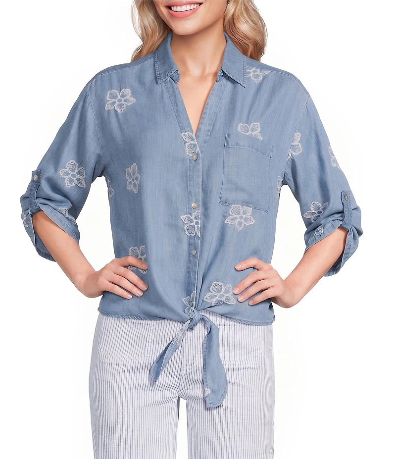 Charlie B. Woven Embroidered Spread Collar Short Sleeve Top