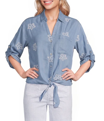 Charlie B. Woven Embroidered Spread Collar Short Sleeve Top