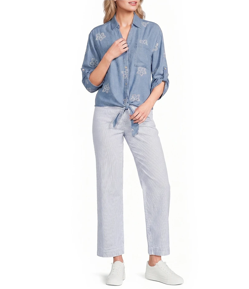 Charlie B. Woven Embroidered Spread Collar Short Sleeve Top