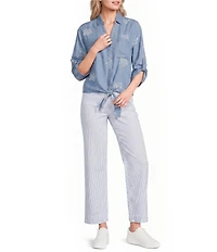 Charlie B. Woven Embroidered Spread Collar Short Sleeve Top