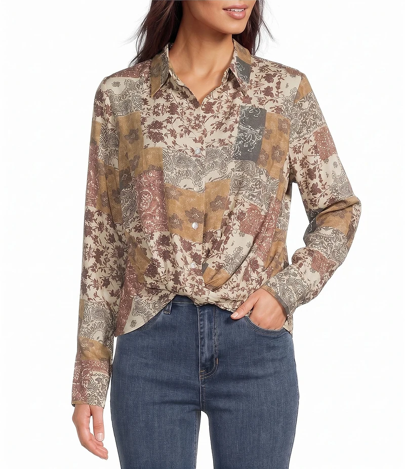 Charlie B. Woven Floral Quilt Print Camp Notch Collar Long Sleeve Blouse