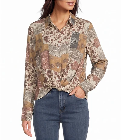 Charlie B. Woven Floral Quilt Print Camp Notch Collar Long Sleeve Blouse