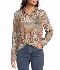 Charlie B. Woven Floral Quilt Print Camp Notch Collar Long Sleeve Blouse