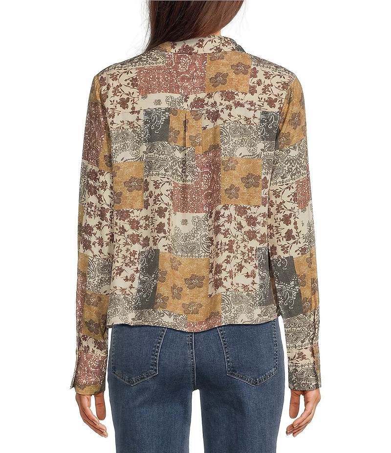 Charlie B. Woven Floral Quilt Print Camp Notch Collar Long Sleeve Blouse