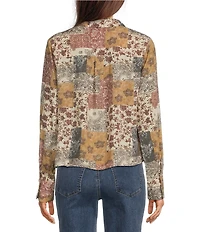 Charlie B. Woven Floral Quilt Print Camp Notch Collar Long Sleeve Blouse
