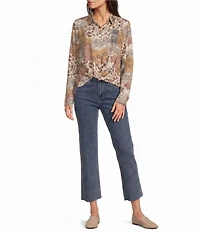 Charlie B. Woven Floral Quilt Print Camp Notch Collar Long Sleeve Blouse