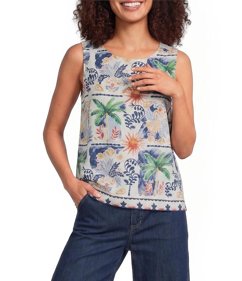 Charlie B. Woven Print Crew Neck Sleeveless Blouse