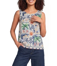 Charlie B. Woven Print Crew Neck Sleeveless Blouse