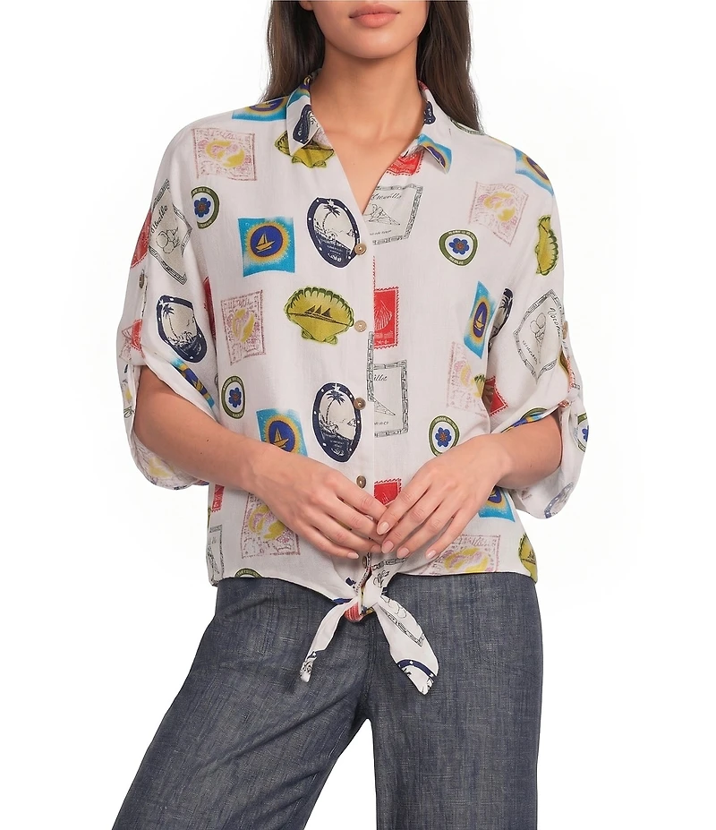 Charlie B. Woven Print Spread Collar Short Sleeve Blouse