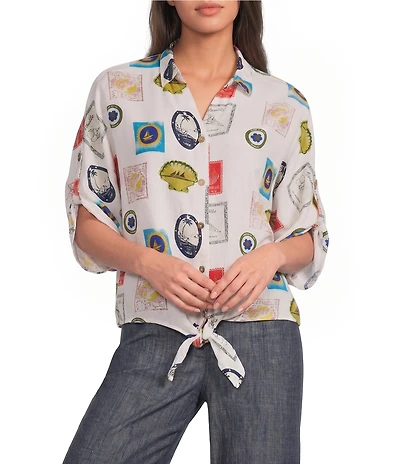 Charlie B. Woven Print Spread Collar Short Sleeve Blouse