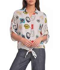Charlie B. Woven Print Spread Collar Short Sleeve Blouse