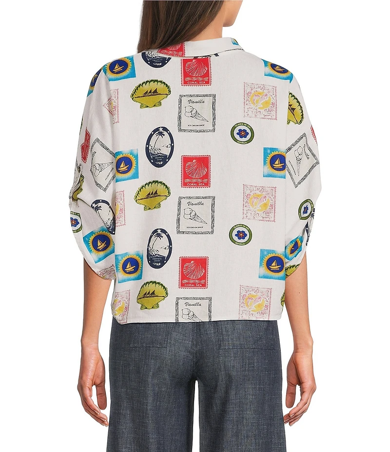 Charlie B. Woven Print Spread Collar Short Sleeve Blouse
