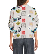 Charlie B. Woven Print Spread Collar Short Sleeve Blouse