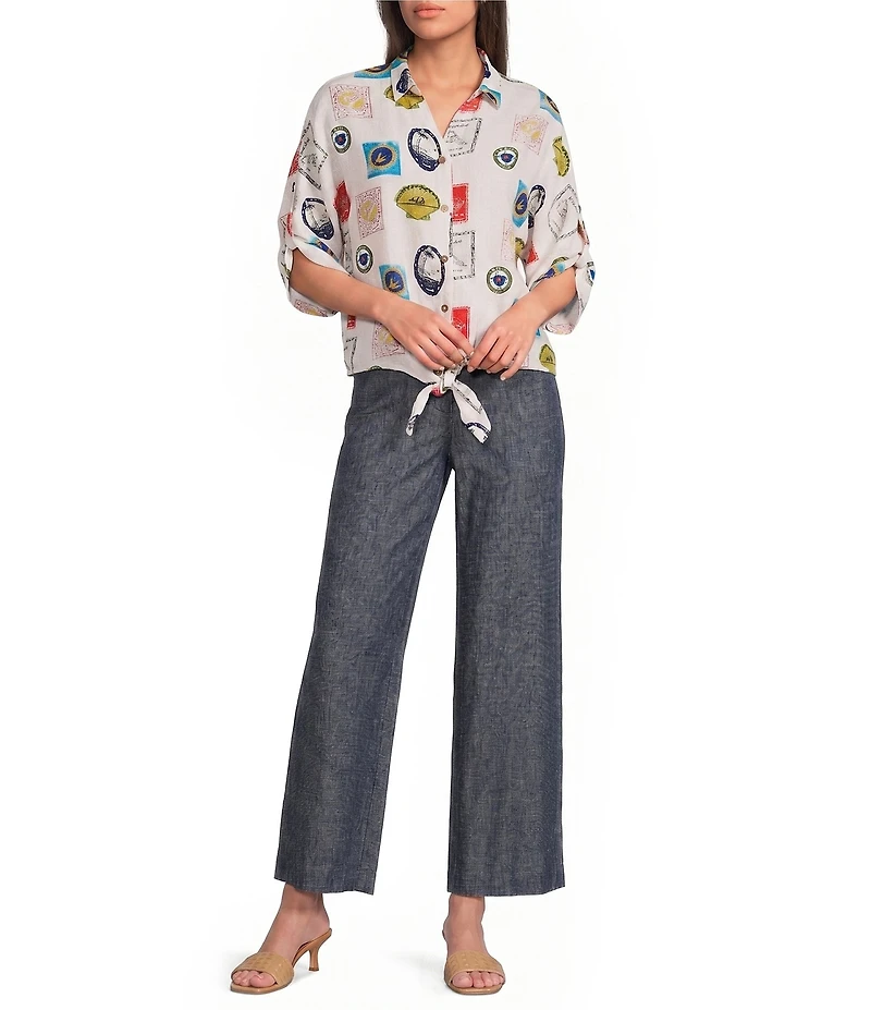 Charlie B. Woven Print Spread Collar Short Sleeve Blouse
