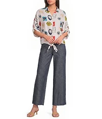 Charlie B. Woven Print Spread Collar Short Sleeve Blouse