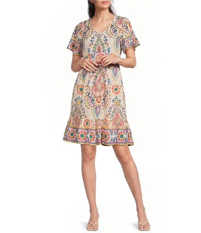 Charlie B. Woven Print V-Neck Short Sleeve A-Line Dress